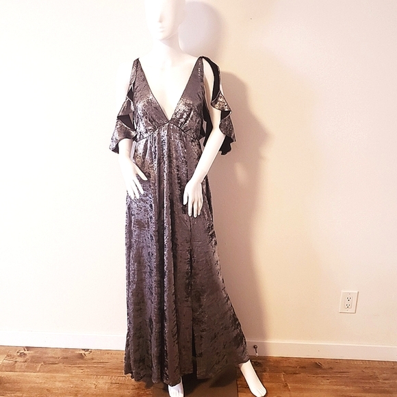TOP SHOP Crushed Pewter Velvet LG. C/S Slit Dress-8-New - Picture 3 of 13